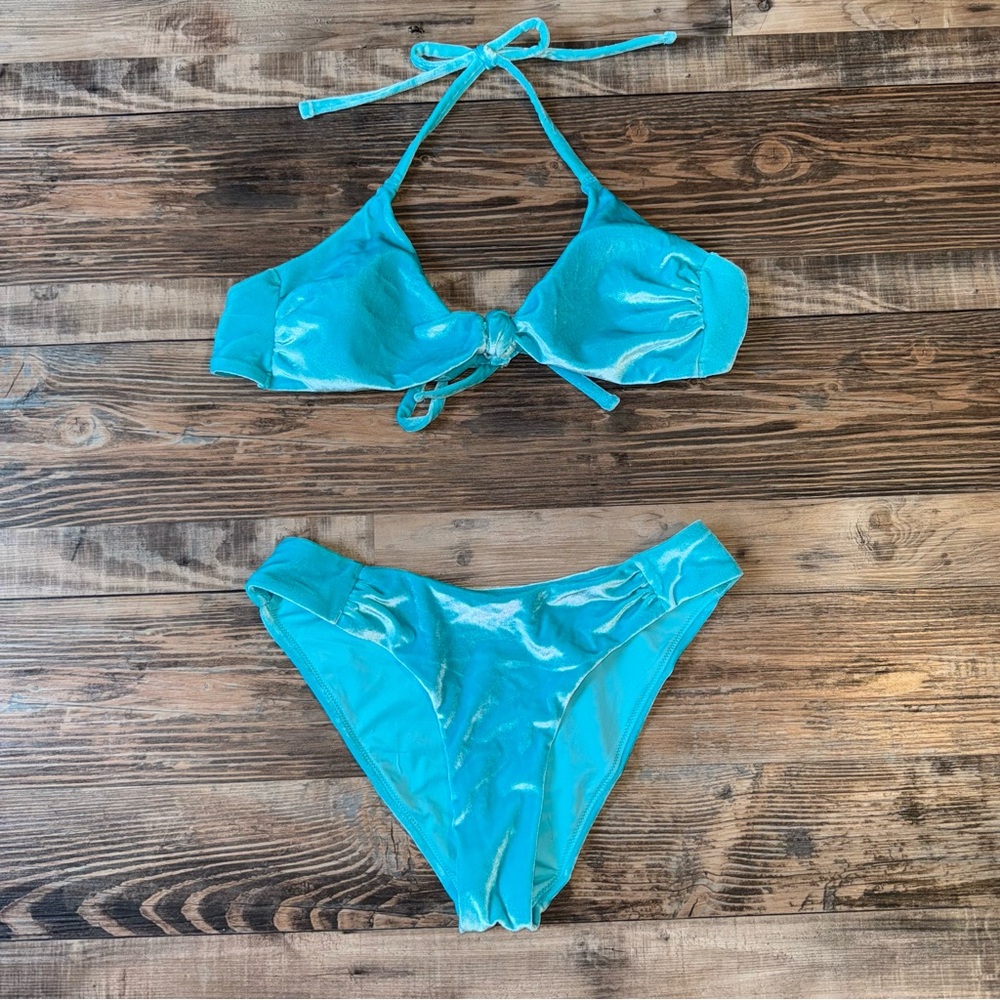 Love & Sports Women's Teal Velour Bikini Top S 4-6 & Bottoms XS 0-2